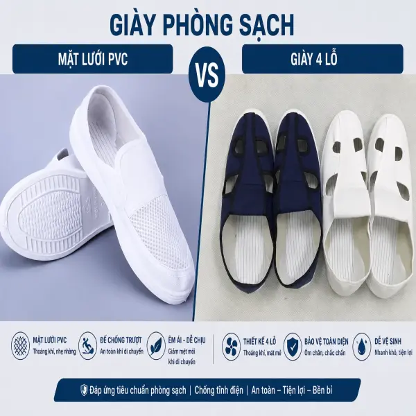 Giày phòng sạch mặt lưới PVC vs Giày 4 lỗ: Giải pháp chống bí bách, hôi chân cho công nhân đứng chuyền mùa hè