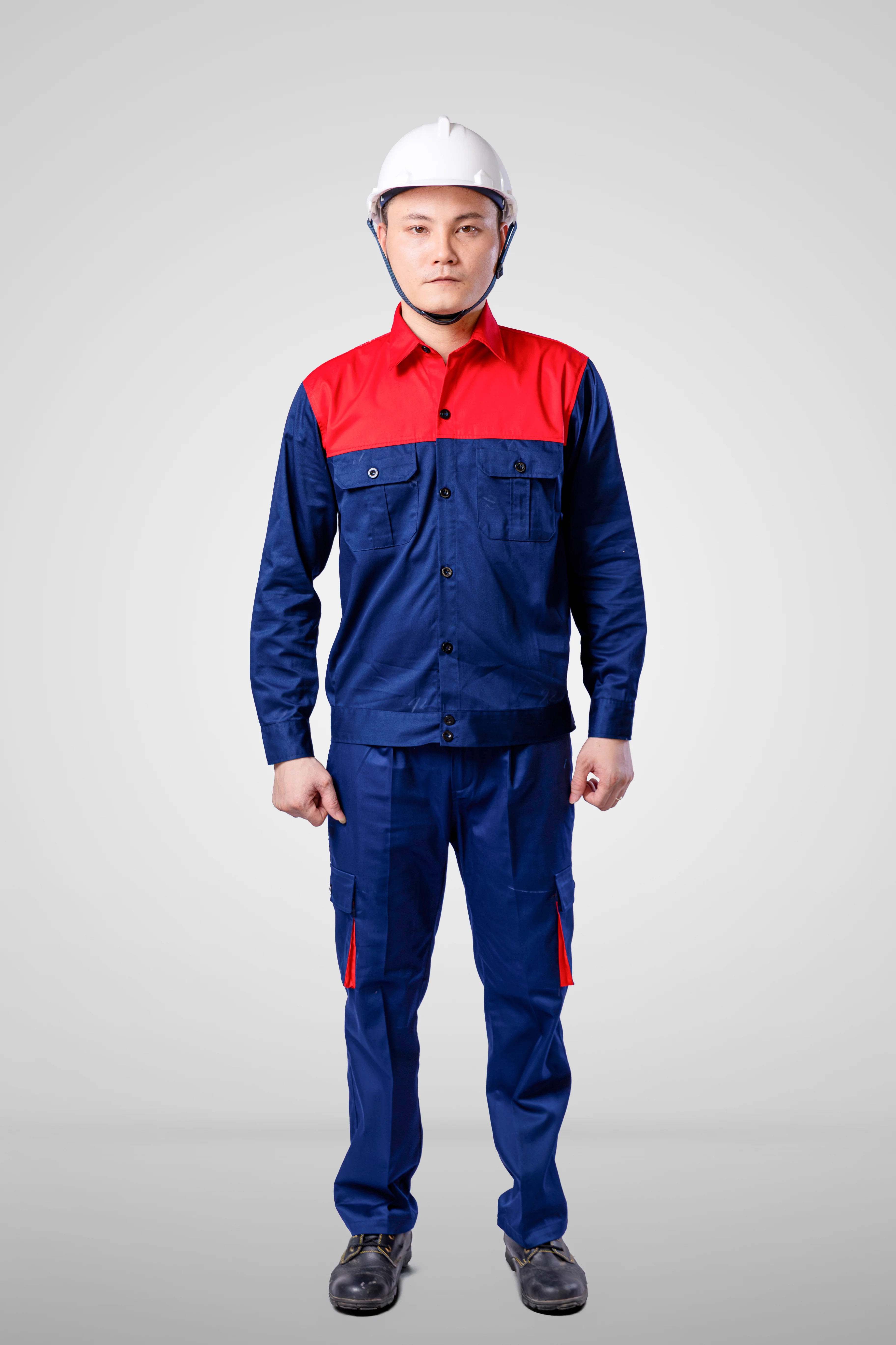 Quần áo bảo hộ lao động màu tím than phối đỏ (3)